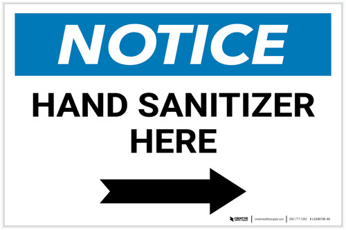 Notice: Hand Sanitizer Here Right Arrow Landscape - Label