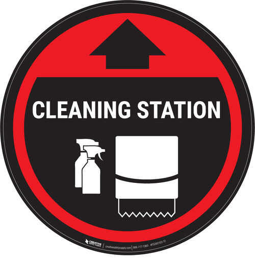 Cleaning Station Arrow With Icon Red - Circular - Floor Sign