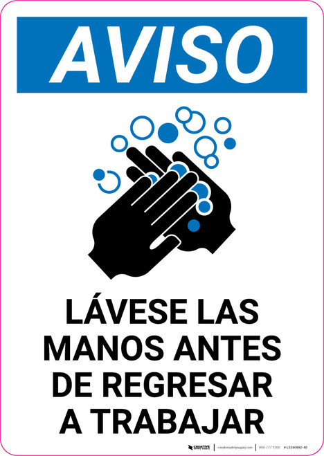Notice: Wash Hands Before Returning To Work Spanish with Icon Portrait - Label