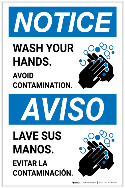 Notice: Wash Your Hands Avoid Contamination Bilingual with Icon Portrait - Label