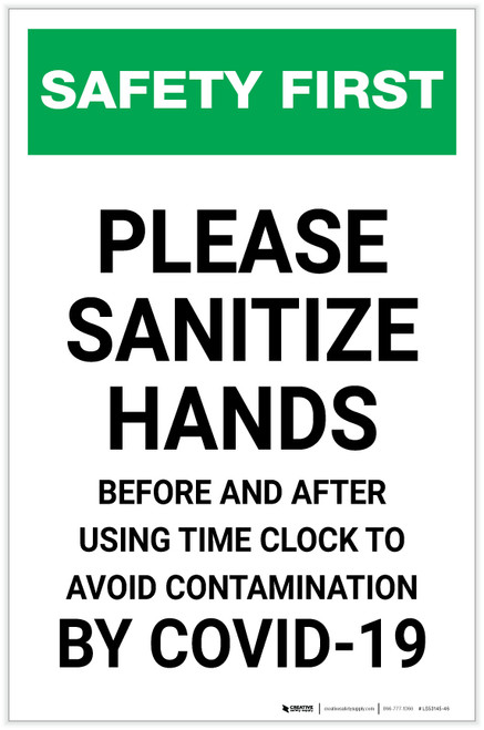 Safety First: Sanitize Hands Before & After Using Time Clock COVID-19 Portrait - Label