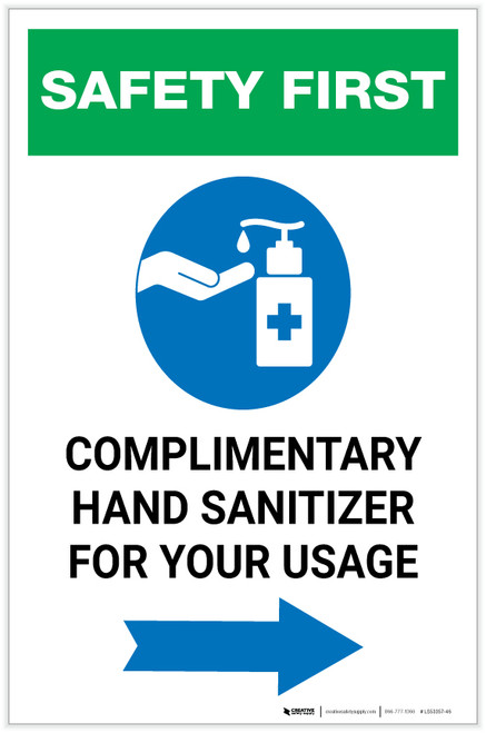 Safety First: Complimentary Hand Sanitizer For Your Usage - Right Arrow Portrait - Label
