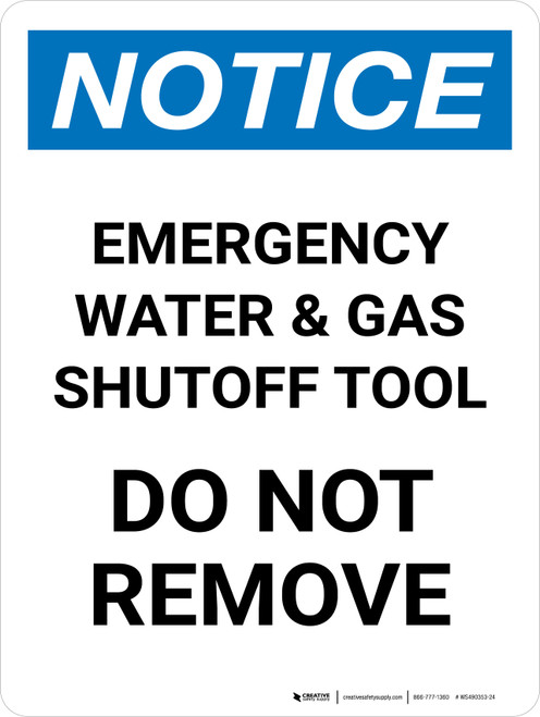 Notice: Emergency Water And Gas Shutoff Tool Portrait - Wall Sign