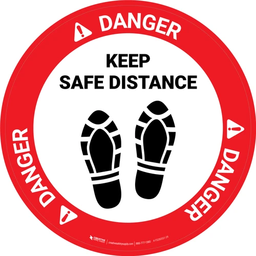 Danger: Keep Safe Distance Shoe Prints Circular - Floor Sign