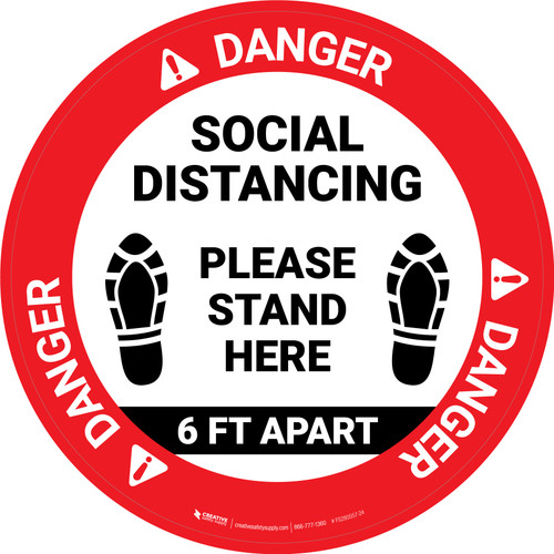 Danger: Social Distancing Please Stand Here 6 Ft Apart Shoe Prints Circular - Floor Sign
