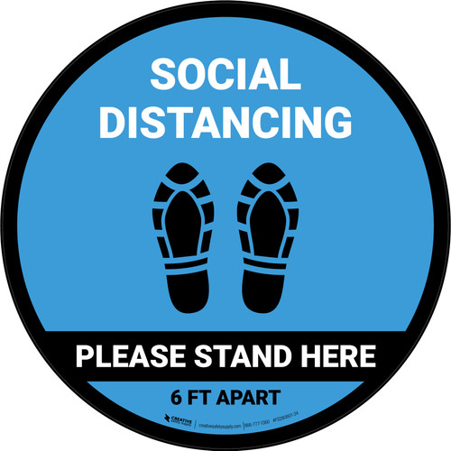 Social Distancing Please Stand Here 6 Ft Apart Shoe Prints Blue Circular - Floor Sign