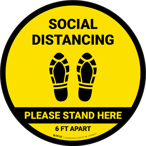 Social Distancing Please Stand Here 6 Ft Apart Shoe Prints Yellow Circular - Floor Sign