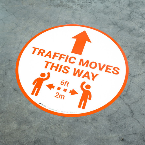 Traffic Moves This Way - Arrow with Icon Orange - Floor Sign