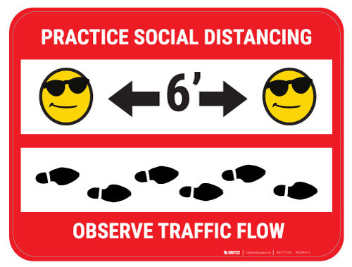Practice Distancing Observe Flow with Sunglass Emoji - Red - Floor Sign