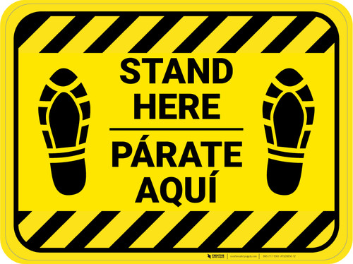 Stand Here Parate Aqui Shoe Prints Bilingual Hazard Stripes Rectangle - Floor Sign