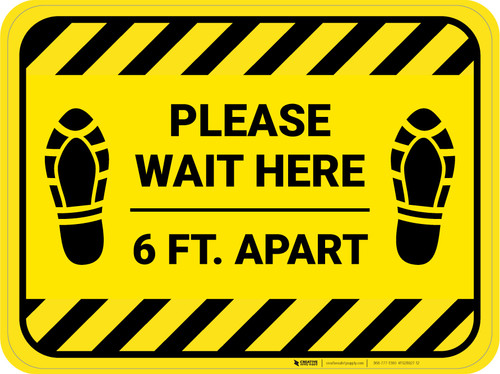 Please Wait Here 6 Ft Apart Shoe Prints Hazard Stripes Rectangle - Floor Sign