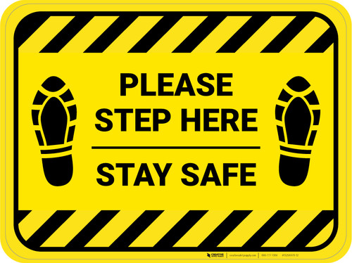 Please Step Here Stay Safe Shoe Prints Hazard Stripes Rectangle - Floor Sign