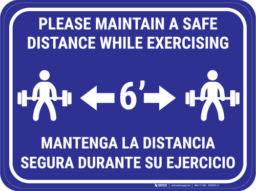 Maintain Safe Distance While Exercising Bilingual Blue - Rectangular - Floor Sign