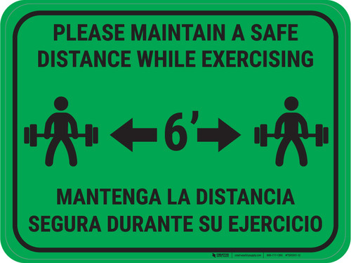 Maintain Safe Distance While Exercising Bilingual Green - Rectangular - Floor Sign