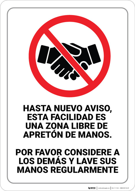 This Facility is a Handshake Free Zone Spanish Portrait - Wall Sign