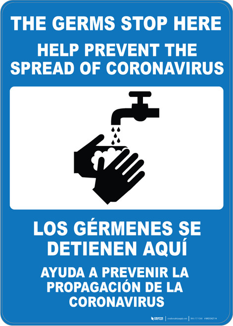 The Germs Stop Here with Icon Spanish Bilingual Portrait - Wall Sign