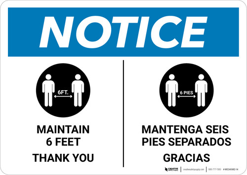 Notice: Maintain 6 Feet - Thank You Bilingual with Icon Landscape - Wall Sign