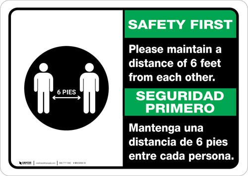 Safety First: Please Maintain A Distance Of 6 Feet Bilingual with Icon Landscape - Wall Sign