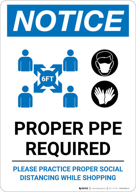 Notice: Proper PPE Required Social Distancing with Icons Portrait - Wall Sign