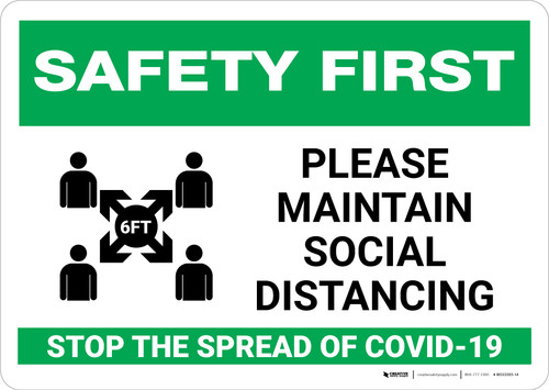 Safety First: Please Maintain Social Distancing Stop the Spread with Icon Landscape - Wall Sign