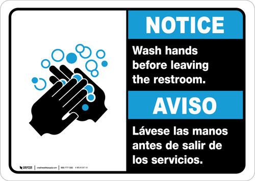 Notice: Wash Your Hands Before Leaving Restroom Bilingual with Icon Landscape - Wall Sign