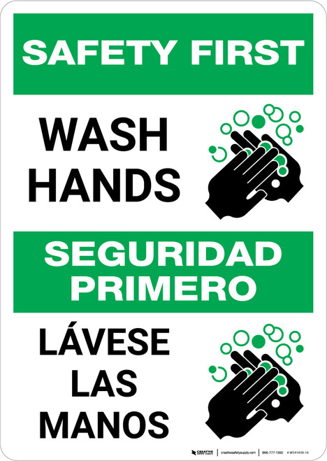 Safety First: Wash Hands Bilingual with Icon Portrait - Wall Sign