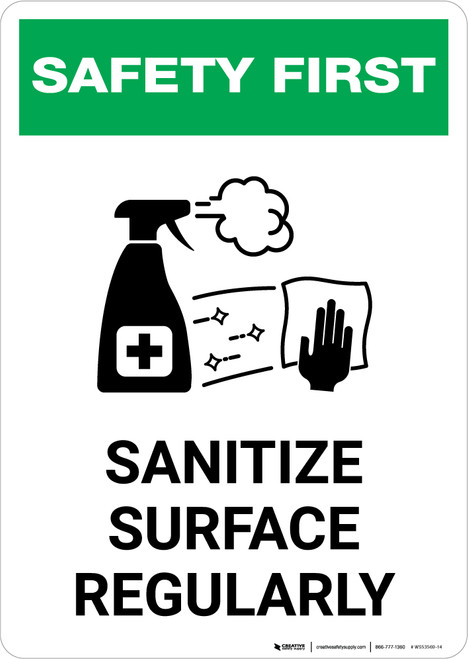 Safety First: Sanitize Surface Regularly with Icon Portrait - Wall Sign