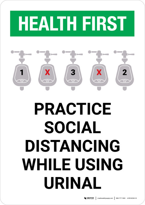 Health First: Practice Social Distancing While Using Urinal with Icon Portrait - Wall Sign