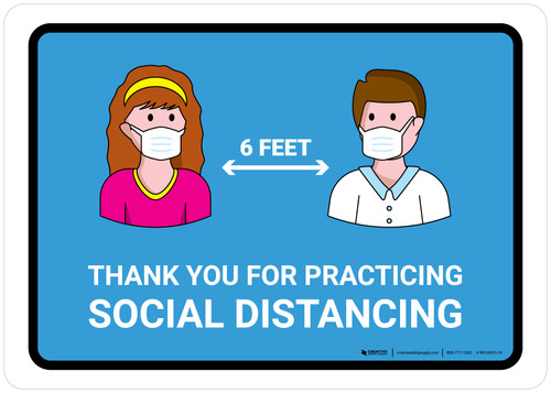 Thank You For Practicing Social Distancing with Icons Blue Landscape - Wall Sign