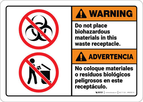 Warning: Do Not Place Biohazardous Materials Bilingual Spanish ANSI - Wall Sign