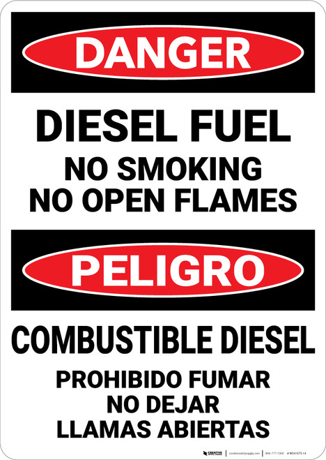 Danger: Diesel Fuel No Smoking Open Flames Bilingual Spanish - Wall Sign