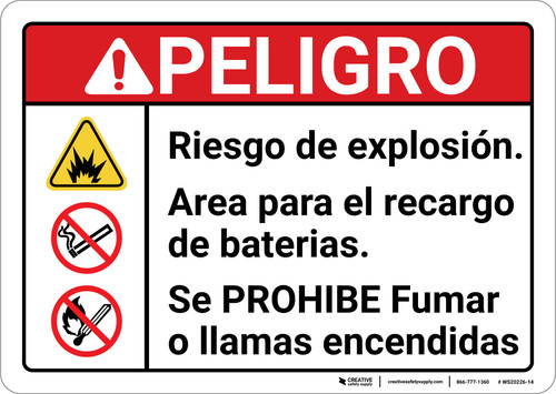 Danger: Explosion Hazard Battery Charging Area Spanish ANSI - Wall Sign