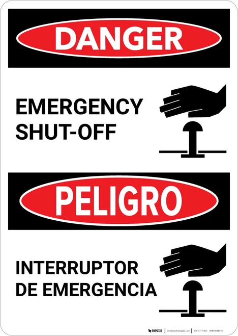 Danger: Bilingual Emergency Shut-Off with Icon Portrait