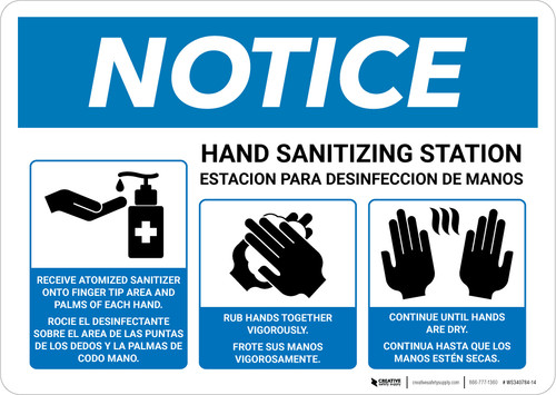Notice: Bilingual Hand Sanitizing Station 3-Steps with Icons Landscape - Wall Sign