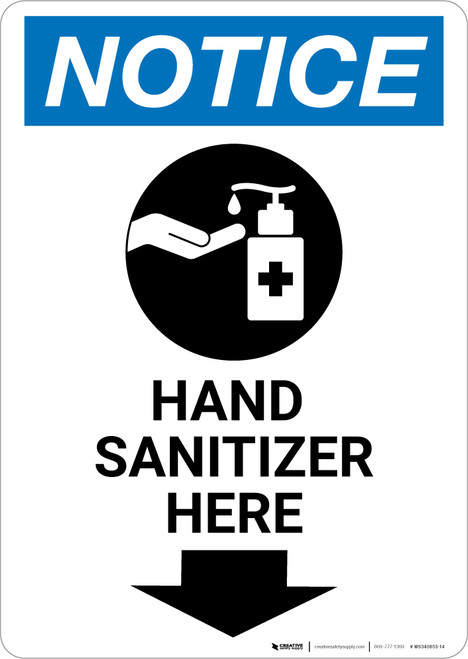 Notice: Hand Sanitizer Here Down Arrow with Icon Portrait - Wall Sign