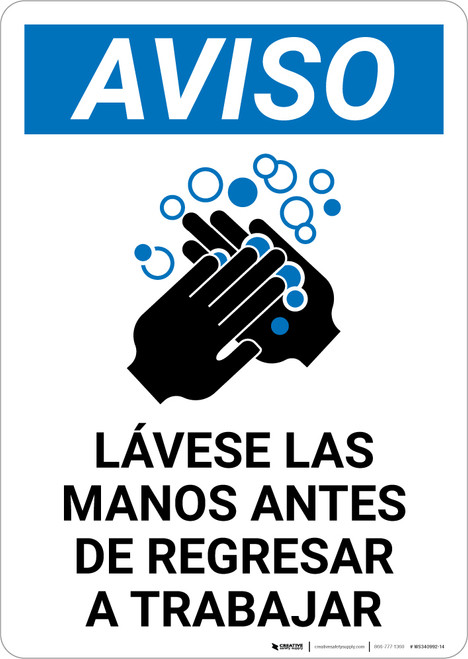 Notice: Wash Hands Before Returning To Work Spanish with Icon Portrait - Wall Sign