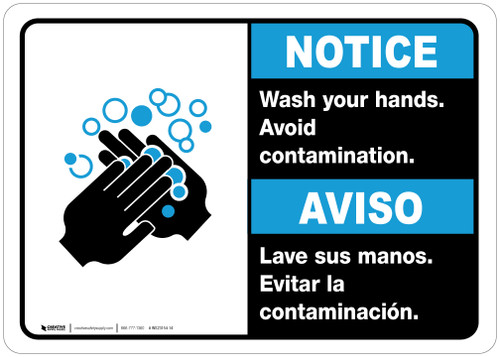 Notice: Wash Your Hands Avoid Contamination Bilingual with Icon ANSI Landscape - Wall Sign