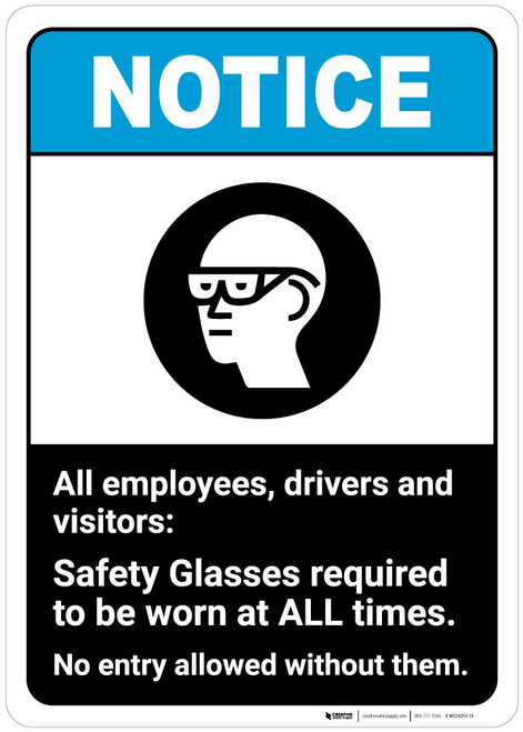 Notice: Safety Glasses Required ANSI - Wall Sign