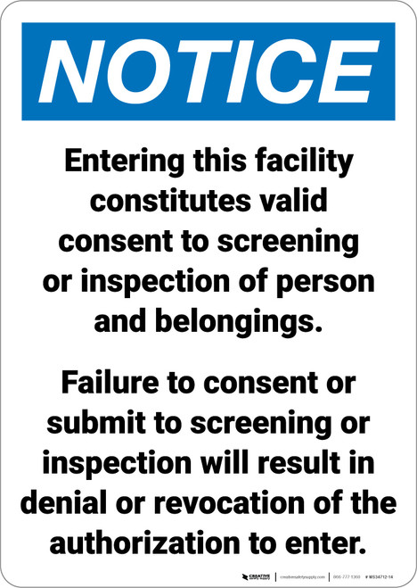 Notice: Facility Screening Consent Portrait - Wall Sign
