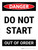 Danger: Do Not Start Out Of Order Portrait - Wall Sign