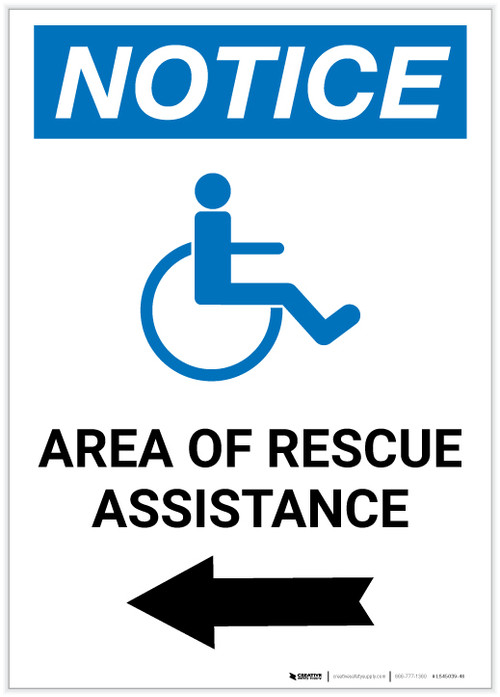 Notice: Area Of Rescue Assistance with ADA Icon Left Arrow Portrait - Label