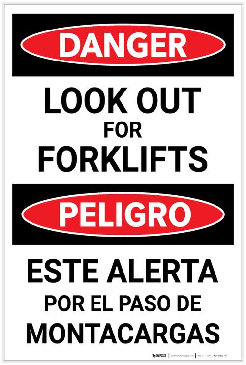 Danger Look Out for Forklifts Bilingual Spanish Label