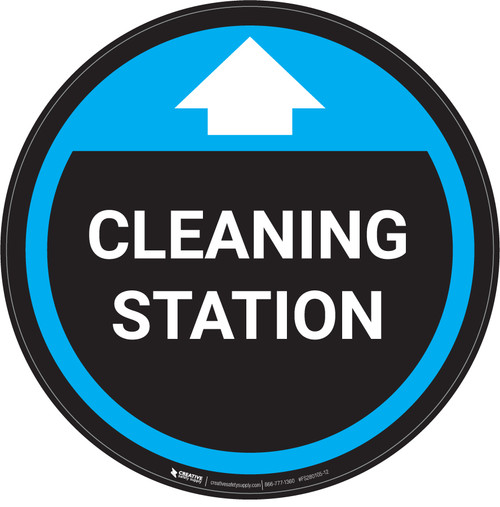 Cleaning Station With Arrow Blue - Circular - Floor Sign | 5S Today