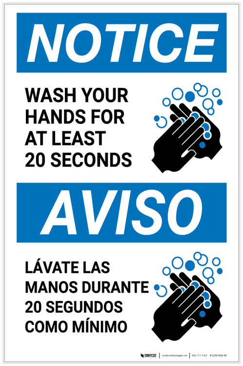 Notice: Wash Your Hands For At Least 20 Seconds Bilingual with Icon ...