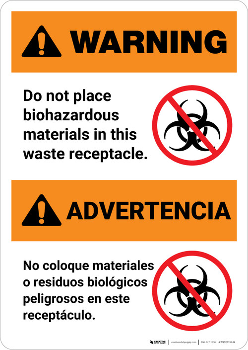 Warning Do Not Place Biohazardous Materials in Waste Receptacle Bilingual Spanish Portrait
