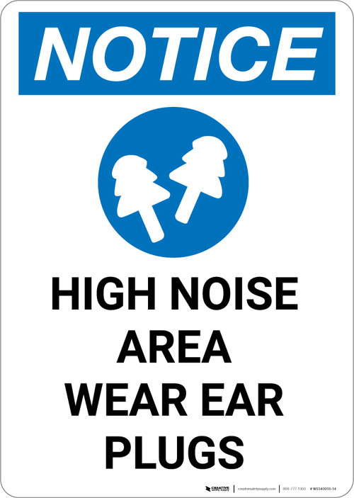 Notice High Noise Area Wear Ear Plugs Portrait Wall Sign 5S Today