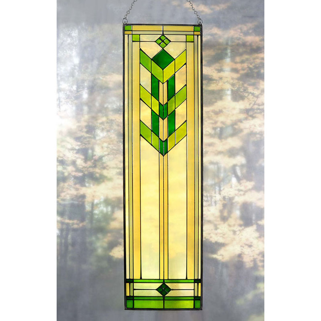 Arts and Crafts 35.5" Prairie Flower Art Glass Panel - Green