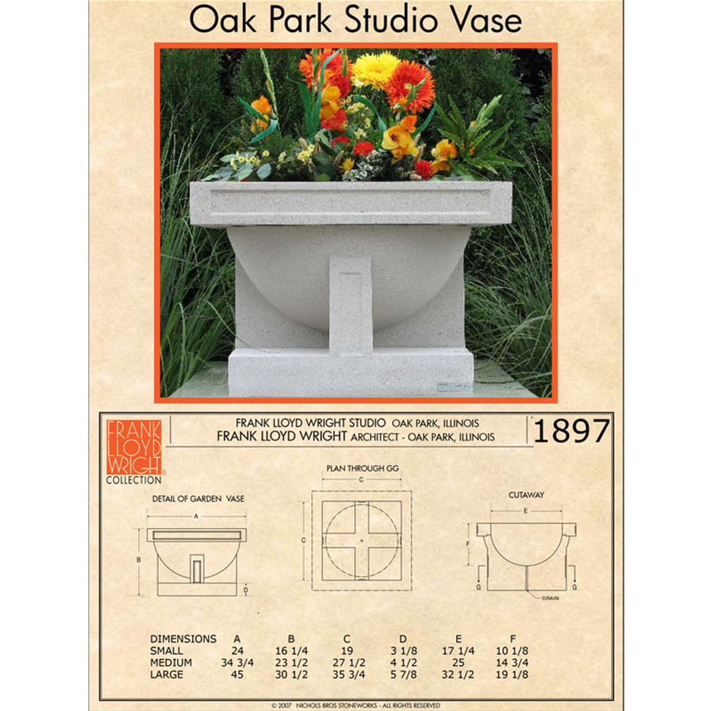 Frank Lloyd Wright Large Oak Park Studio Planter Vase - Dimensions 1