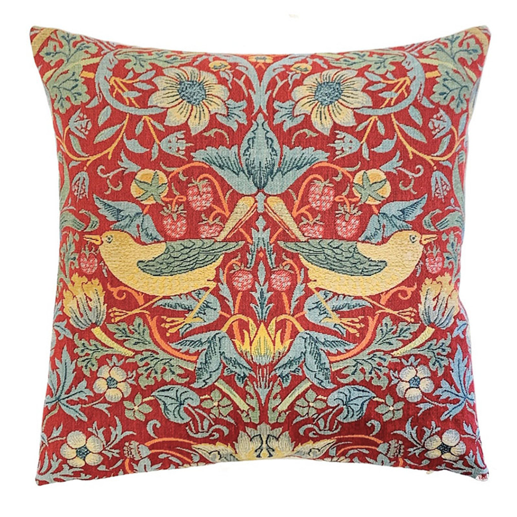 William Morris Red Strawberry Thief Belgian Tapestry Pillow - Facing Out