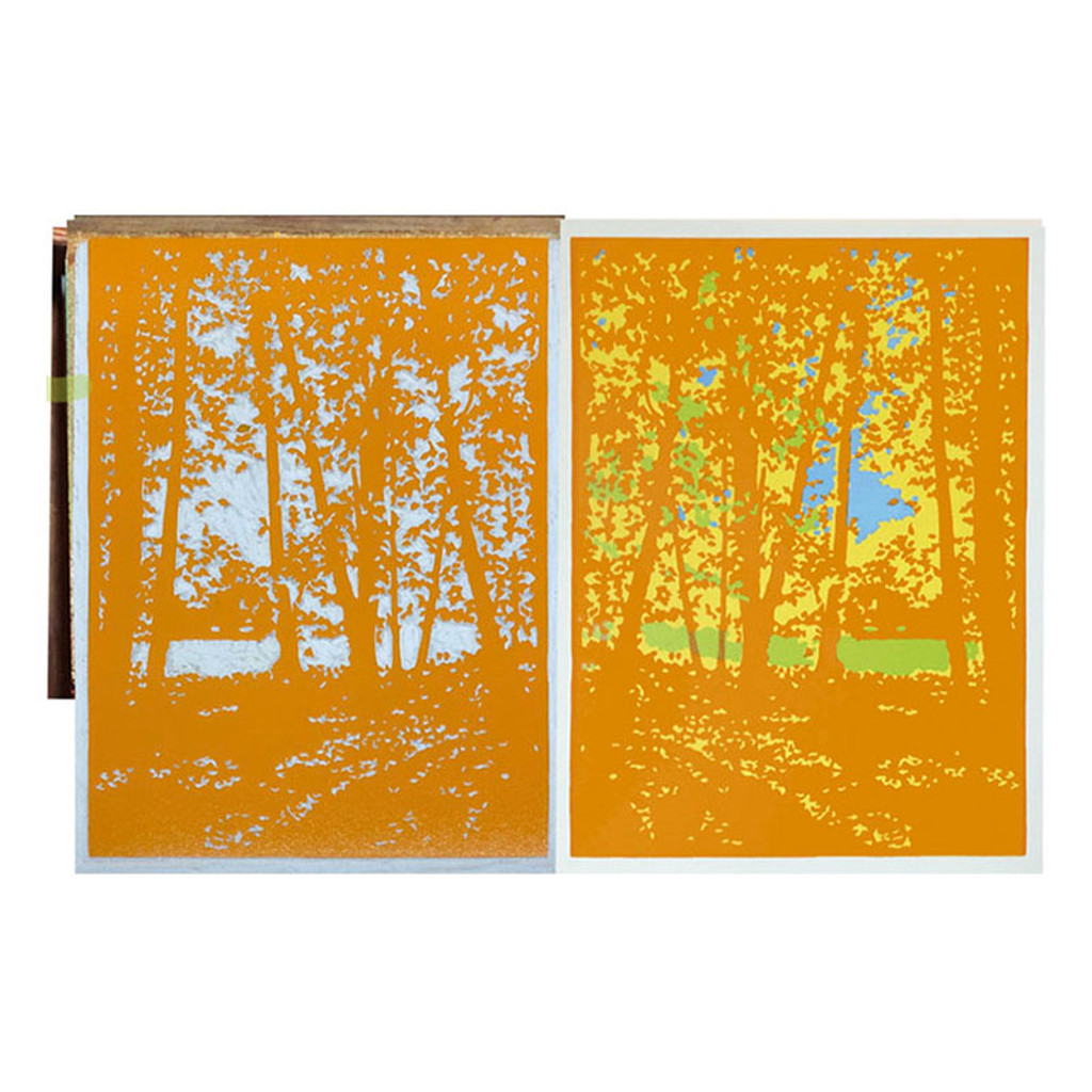 Laura Wilder Autumn Woods Limited Edition Matted Block Print Process 1